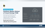 The Drop Times hero image for Pantheon’s Cloud Storage FUSE rollout. Text says new Drupal and WordPress sites move first, with existing sites migrating from September through November 2026. A cloud-storage diagram shows uploaded files moving to shared infrastructure.