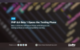 Dark blurred background with colorful code text behind a PHP news graphic from The Drop Times. Text reads "PHP. PHP 8.6 Beta 1 Opens the Testing Phase. Beta 1 starts the soft feature freeze while Drupal core testing surfaces an early compatibility warning. Follow us on. LinkedIn. Facebook. Reddit. X. https www.thedroptimes.com. THE DROP TIMES."