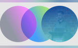Three large overlapping translucent circles in purple green and blue create a Venn diagram style composition. The blue circle contains a faded photo of a man speaking at a podium with a laptop and microphone against a brick wall.