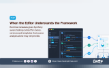 Graphic explaining how runtime metadata helps an editor understand a Symfony based PHP framework. A code editor showing PHP. Twig. and YAML files connects routes. services. and templates to a structured application diagram to illustrate framework aware tooling.