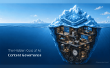 A blue iceberg illustration shows a glowing AI chip above the water while a complex network of offices servers gears and clocks is hidden below the surface. The graphic frames content governance as a hidden operational cost of AI and includes the text "The Hidden Cost of AI. Content Governance." and "AI generated visual."