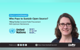 Wide promotional graphic featuring Tiffany Farriss with the United Nations and Open Source Week logos. The design frames her discussion around who pays to sustain open source and how public procurement can support upstream maintenance.