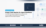 Drupal themed graphic showing a code query feeding into an MCP connection that links coding tools with core changes and contributed project information. The visual illustrates how agent workflows can reach structured Drupal ecosystem data beyond a single repository.
