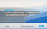 Abstract blue and grey flowing bands visualize Drupal adoption shifting between newer and older major versions. Text reads "DISCOVER DRUPAL. Drupal’s Version Transition Is Far From Finished. Drupal 11 is gaining ground while older major versions still account for a substantial share of detected sites. Follow us on. https. www.thedroptimes.com