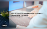A person gestures with one hand above a tablet displaying computer code while a laptop and plant sit nearby in a softly blurred workspace. Text reads "Editor’s Pick. Vol. 4 Issue. 35. What Becomes Valuable When Code Gets Cheap. Drupal AI Context. Code Scarcity. and Human Judgement."