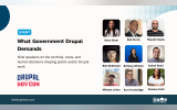 Wide promotional graphic for a Drupal GovCon event with nine speaker headshots arranged in a grid beside the event details. Text reads "EVENT". "What Government Drupal Demands". "Nine speakers on the controls costs and human decisions shaping public sector Drupal work". Speaker names read "Kerry Greer". "Rob Morris". "Mayank Gupta". "Bob McDonald". "Brittany Winkler". "Ashraf Abed". "Michael LeVan". "Kurt Trowbridge". "Shanice Ortiz". Branding reads "DRUPAL GOV CON". "thedroptimes.com". "THE DROP TIMES".