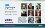The Drop Times hero card for Drupal GovCon 2026 titled “What Holds Up in Production,” with the deck “Eight GovCon Speakers Examine the Decisions Behind Digital Systems.” The card shows portraits of Damien House, Rich Lawson, Matthew Elefant, Aparna Darisipudi, J. Hogue, Julie Elman, Jonathan Bourland, and Christian Burk, alongside the Drupal GovCon logo.