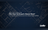 A dark blue editorial graphic uses architectural blueprint drawings as a backdrop for a feature about funding shared Drupal infrastructure. The headline asks who pays for Drupal’s shared work and frames the issue as turning shared infrastructure into shared responsibility.