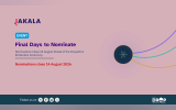 Promotional event graphic on a pink background with colorful curved lines and a central abstract symbol highlighting the nomination deadline. Text reads "JAKALA". "EVENT". "Final Days to Nominate". "Nominations Close 14 August Ahead of the DrupalCon Rotterdam Ceremony". "Nominations close 14 August 2026". "Follow us on". Social icons for LinkedIn Facebook Reddit and X appear beside the text. "THE DROP TIMES".