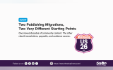 WordCamp US 26 event graphic comparing two publishing migrations with the WordCamp badge as the main visual. It contrasts one organization moving decades of community content with another rebuilding newsletters paywalls and audience access. Text reads "EVENT. Two Publishing Migrations. Two Very Different Starting Points. One moved decades of community content. The other rebuilt newsletters paywalls and audience access. WordCamp US 26. Follow us on. https. www.thedroptimes.com