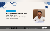 Promotional Drupal graphic with a portrait labeled Nishant Kumar. Text reads "DISCOVER DRUPAL". "Another Route to WebP and AVIF in Drupal". "Conversion Covers New Uploads and Images Already Managed by Drupal". "Nishant Kumar". "Follow us on". "https://www.thedroptimes.com/". "THE DROP TIMES".