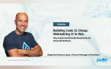 Alejandro Moreno López stands smiling with his arms crossed beside the opinion headline "Building Code Is Cheap. Maintaining It Is Not. Why Drupal Could Provide Structure for AI Generated Software". Text also reads "Alejandro Moreno López. Partner Manager at Pantheon" and "www.thedroptimes.com".