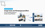 Drupal themed graphic showing a collection of photos flowing through connected interface elements into a media gallery dashboard. Text reads "DISCOVER DRUPAL". "Image Scale and Fill Background Effect". "From Publishing Need to Stable Drupal Release". The footer reads "Follow us on". "https://www.thedroptimes.com/". "THE DROP TIMES".