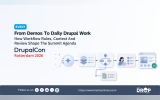 "EVENT. From Demos To Daily Drupal Work. How Workflow Rules Context And Review Shape The Summit Agenda. DrupalCon Rotterdam 2026." A connected workflow moves from AI and structured context through decision rules and human review to an approved Drupal page.