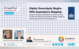 DrupalCon Rotterdam 2026 interview graphic featuring Gina Plat and Teun van der Vorm, focused on digital sovereignty, dependency mapping, procurement and open source in government.