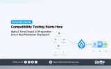 Drupal 12 compatibility testing graphic showing module code and package icons feeding into a Drupal 12 logo and then moving through database validation and completion steps. Text reads "DISCOVER DRUPAL". "Compatibility Testing Starts Here". "Alpha1 Turns Drupal 12 Preparation Into A Real Maintainer Checkpoint". "Follow us on". "https://www.thedroptimes.com/".
