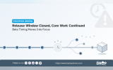 "Discover Drupal. Release Window Closed, Core Work Continued. Beta Timing Moves Into Focus." A horizontal release timeline reaches a clock, then branches into several paths before continuing toward a cube, showing work continuing after the planned release window.