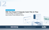 "DISCOVER DRUPAL. Will Your Drupal 12 Upgrade Catch This In Time. Three Familiar Core Extensions Now Follow Three Different Paths." A central package branches toward three different interface panels to represent familiar Drupal extensions taking separate upgrade paths.