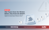 Alt text: "SECURITY. Site Teams Know the Window Before They Know the Module. Multiple Advisories Are Expected. With the Highest Currently Rated Critical at 16 25." A concealed module with a puzzle piece symbol sits along a sequence of advisory cards to show multiple upcoming security disclosures while the affected module remains unknown.