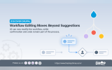 Alt text: "DISCOVER DRUPAL. Workflow Editing Moves Beyond Suggestions. AI can now modify the workflow. while confirmation and undo remain part of the process." A workflow diagram shows an AI generated change entering a human approval point before continuing to another node.