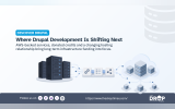 "Discover Drupal. Where Drupal Development Is Shifting Next. AWS backed services. donated credits and a changing hosting relationship bring long term infrastructure funding into focus." Server racks connect through service and sharing icons to a cloud based infrastructure system.