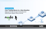 "DISCOVER DRUPAL. Core Tooling Moves to a New Baseline. Node.js 24 Enters Drupal 12 Development While Raven Adjusts Sentry Startup." Node.js and Raven logos sit beside a diagram of connected software layers moving toward an upgraded platform.
