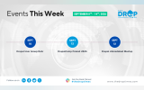 Weekly Drupal events graphic with three featured events arranged across a world map background. Text reads "Events This Week". "SEPTEMBER 8TH 14TH 2024". "SEPT 10". "Drupal User Group Ruhr". "SEPT 12". "DrupalCamp Poland 2026". "SEPT 12". "Drupal Ahmedabad Meetup".