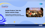 A large group gathers on the Splash Awards stage at DrupalCon Rotterdam 2026 with several people holding trophies and certificates. Text reads "DrupalCon Rotterdam 2026. Drupal Projects Take the Splash Awards Stage. Drupal projects recognised across ten published categories at DrupalCon Rotterdam. thedroptimes.com."
