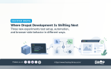 "Discover Drupal. Where Drupal Development Is Shifting Next. Three new experiments test setup, automation, and browser side behavior in different ways." A package box and coding screen connect to an automation workflow diagram and then to a browser window with a refresh symbol.  ￼ ￼ ￼
