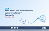 "EVENT." "Where Drupal’s Story Meets AI Discovery." "How community messaging may shape what people find through AI tools." "DrupalCon Rotterdam 2026." Small community profile cards connect along a flowing blue path to a larger content card to illustrate how Drupal community information may surface through AI tools.