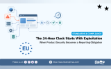 Drupal security graphic showing a product interface connected to infrastructure. an alert. monitoring. search. reporting. and a clock beside an EU symbol. The text reads "The 24 Hour Clock Starts With Exploitation." and "When Product Security Becomes a Reporting Obligation."