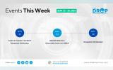 "Events This Week. Sept 22 to 28 2026." A weekly Drupal events graphic lists "Sept 22. Code of Conduct Incident Response Workshop." "Sept 24. Madrid Web dev. Desarrollo local con DDEV." and "Sept 28. DrupalCon Rotterdam."