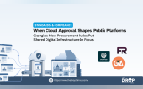 "STANDARDS & COMPLIANCE. When Cloud Approval Shapes Public Platforms. Georgia’s New Procurement Rules Put Shared Digital Infrastructure In Focus." A diagram shows several public websites feeding through approved cloud infrastructure into a government platform, with the Georgia state silhouette and GovHub, FR, and GA logos alongside it.