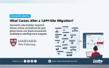 Harvard Web Publishing graphic showing many university websites feeding into a centralized Drupal publishing system while a publisher works at the main interface. The visual connects Harvard’s large scale Drupal migration with the challenge of supporting occasional publishers after consolidation. Text reads "DISCOVER DRUPAL". "What Comes After a 1,899 Site Migration". "Harvard’s site builder research shows where centralised Drupal governance can leave occasional publishers needing more support".