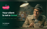 DrupalCamp Kortrijk 2026 cover for Tom Hollevoet’s “Your Client Is Not a Ticket” session, showing a detective with a magnifying glass beside the session title.