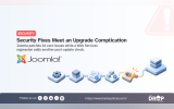 "SECURITY." "Security Fixes Meet an Upgrade Complication." "Joomla patches 16 core issues while a Web Services regression adds another post update check." The Joomla logo appears above a connected system diagram where a broken orange connection interrupts a sequence of servers and components.