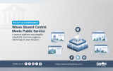 "POLICY & GOVERNANCE." "Where Shared Control Meets Public Service." "A central platform can simplify standards. but every agency still brings its own mission." A layered government platform sits at the center of connected public service websites including government. healthcare. environmental. and community services. with security. accessibility. documentation. and settings icons representing shared governance.