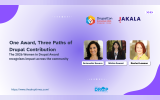 Promotional graphic for the 2026 Women in Drupal Award featuring portraits labeled "Antonella Severo" "Nikita Aswani" and "Rachel Lawson" alongside DrupalCon Rotterdam 2026 and JAKALA logos. Text reads "One Award, Three Paths of Drupal Contribution. The 2026 Women in Drupal Award recognises impact across the community. https://www.thedroptimes.com/."