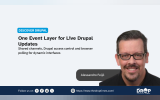 Promotional graphic with a large portrait labeled "Alessandro Feijó". Text reads "DISCOVER DRUPAL. One Event Layer for Live Drupal Updates. Shared channels. Drupal access control and browser polling for dynamic interfaces. Alessandro Feijó. Follow us on. https://www.thedroptimes.com/."