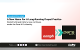 Organization news graphic showing the Oomph logo transitioning through teal arrows to the Pare and Co logo. The text says "A New Name For A Long Running Drupal Practice. Oomph’s Drupal history now continues under the Pare and Co identity."