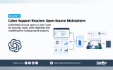 Security graphic about cyber support reaching open source maintainers. Text reads "SECURITY". "Cyber Support Reaches Open Source Maintainers". "Subsidised access opens a new route for security work with eligibility still undefined for independent projects". The OpenAI logo appears beside a diagram showing several types of organisations feeding through a central access point toward security review and infrastructure support.