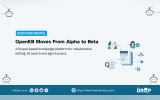 “DISCOVER DRUPAL.” “OpenKB Moves From Alpha to Beta.” “A Drupal based knowledge platform for collaborative editing. AI search and agent access.” A connected document illustration represents collaborative knowledge management and AI powered search.