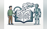 Illustration of a person and a humanoid robot standing on opposite sides of an open book filled with circuit patterns. Arrows and connected lines move between the book and the robot to show information flowing between human knowledge and AI.