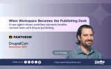"When Workspace Becomes the Publishing Desk. A new agent driven workflow connects familiar content tools with Drupal publishing. PANTHEON. DrupalCon Rotterdam 2026. Josh Koenig." Josh Koenig appears on the right against a purple background beside the event and Pantheon branding.