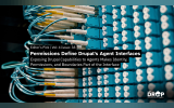 Close up of dense blue network cabling and ports used as a visual metaphor for Drupal agent connections and permission boundaries. Text reads "Editor’s Pick Vol. 4 Issue 38" "Permissions Define Drupal’s Agent Interfaces" and "Exposing Drupal Capabilities to Agents Makes Identity Permissions and Boundaries Part of the Interface".