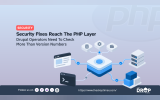 "SECURITY." "Security Fixes Reach The PHP Layer." "Drupal Operators Need To Check More Than Version Numbers." A layered central component connects to a website, database, settings, files, servers, terminal and containers with check marks illustrating dependencies across a Drupal and PHP stack.