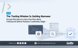 PHP release graphic showing a narrowing testing path from code and configuration screens through review checkpoints to a large checkmark. Text reads "PHP". "The Testing Window Is Getting Narrower". "Drupal Maintainers Have One More Beta Checkpoint Before Release Candidates Begin".