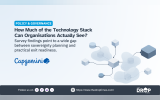 Policy and governance graphic about technology stack visibility with Capgemini branding and a network of connected infrastructure blocks. Text reads "POLICY & GOVERNANCE". "How Much of the Technology Stack Can Organisations Actually See?". "Survey findings point to a wide gap between sovereignty planning and practical exit readiness.".