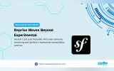 Symfony organization news graphic with the Symfony logo and blue technology inspired line patterns. Text reads "ORGANIZATION NEWS". "Reprise Moves Beyond Experimental". "Version 1.0.0 puts the public API under semantic versioning and Symfony backwards compatibility promise". "https www thedroptimes.com". "THE DROP TIMES".
