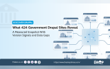 "DISCOVER DRUPAL. What 424 Government Drupal Sites Reveal. A Measured Snapshot With Version Signals and Data Gaps." Illustrated government websites connect to a central data grid to show information being collected and compared across many public sector Drupal sites.